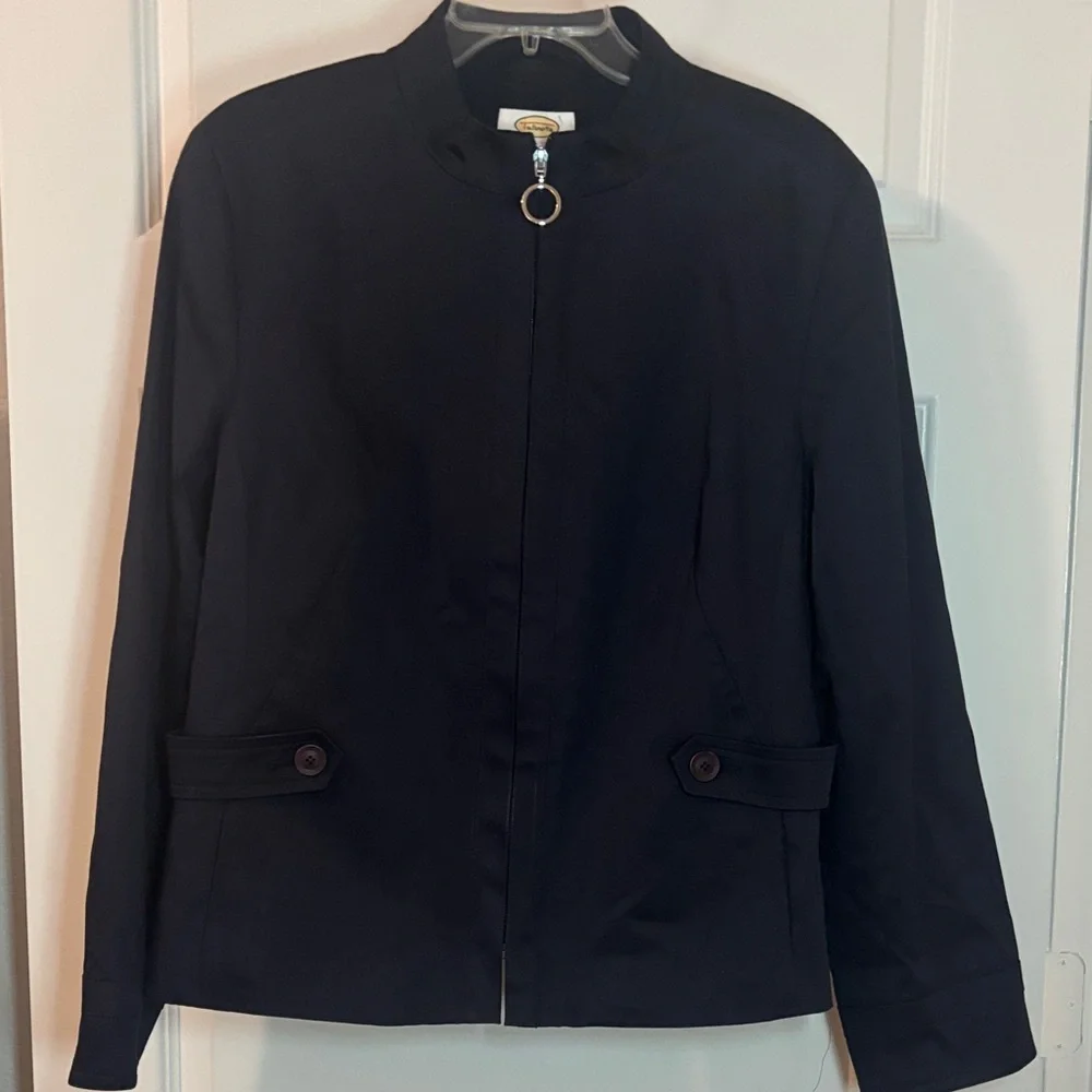 VTG Talbots Black Blazer Jacket SZ 16 Cotton Stretch zipper casual or work wear